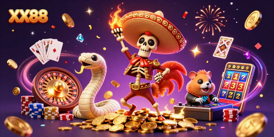 Experience the excitement of XX88 with vibrant casino characters dancing amidst colorful coins and dynamic game elements.