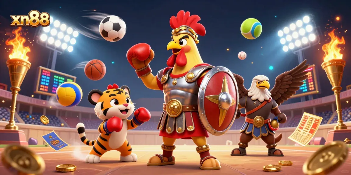 Experience thrilling xn88 gaming moments with a dynamic illustration of gladiator rooster and cub in action.