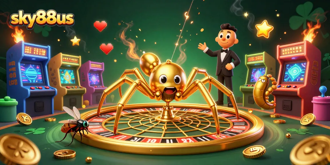 Engage with thrilling bets at sky88us as a cartoon spider spins a roulette wheel, surrounded by vibrant casino elements.