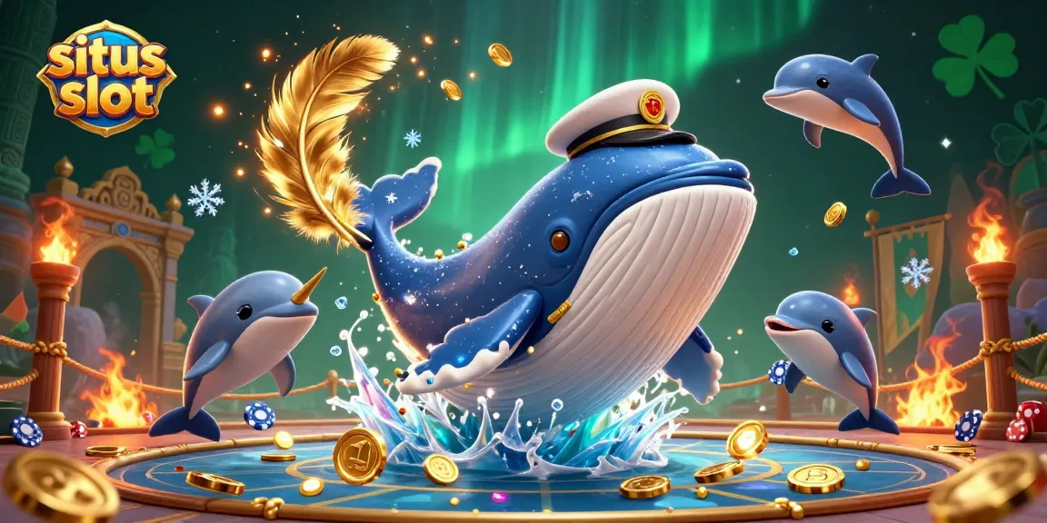 Engage with exciting situs slot experiences featuring a cartoon whale, narwhal, and dolphins in a dazzling coin sea.
