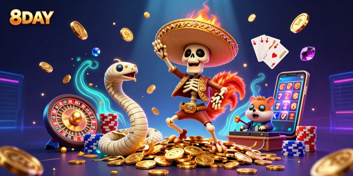 Experience thrilling moments at 8DAY with vibrant casino characters dancing around golden coins.