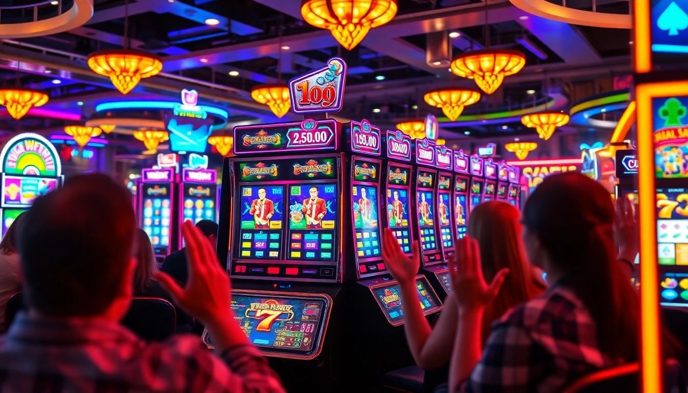 Slot gacor menarik perhatian dengan mesin slot yang bersinar di kasino yang ramai.