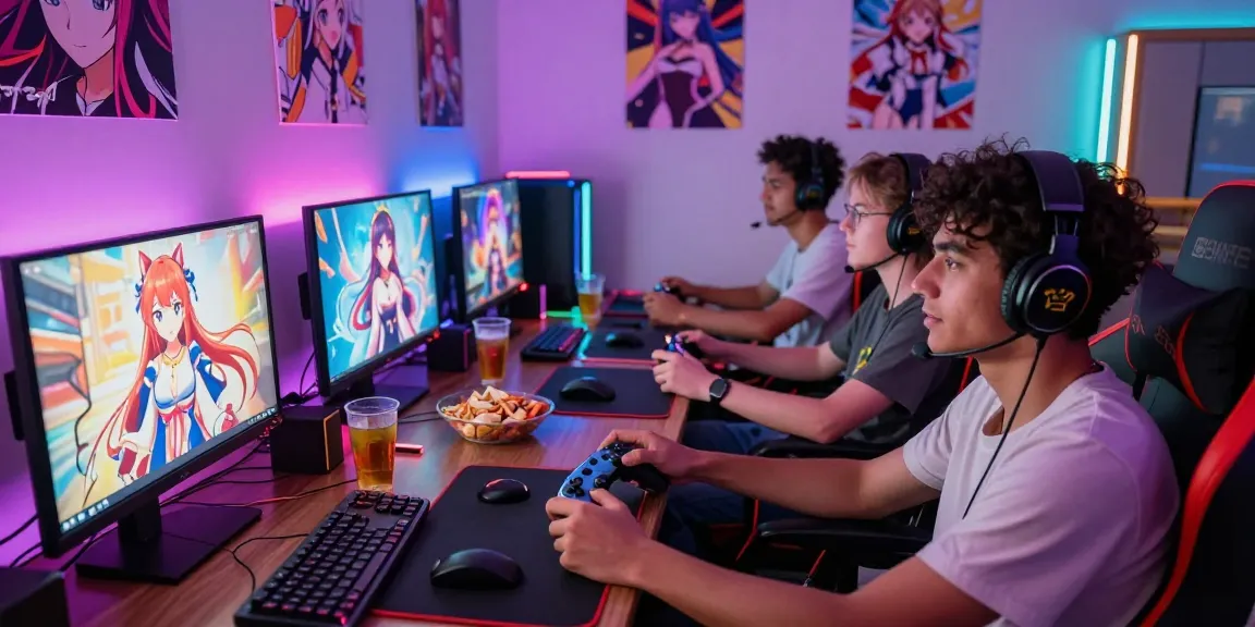 Engaging gaming gathering playing hentai games online with friends, vibrant atmosphere and colorful LED lights.