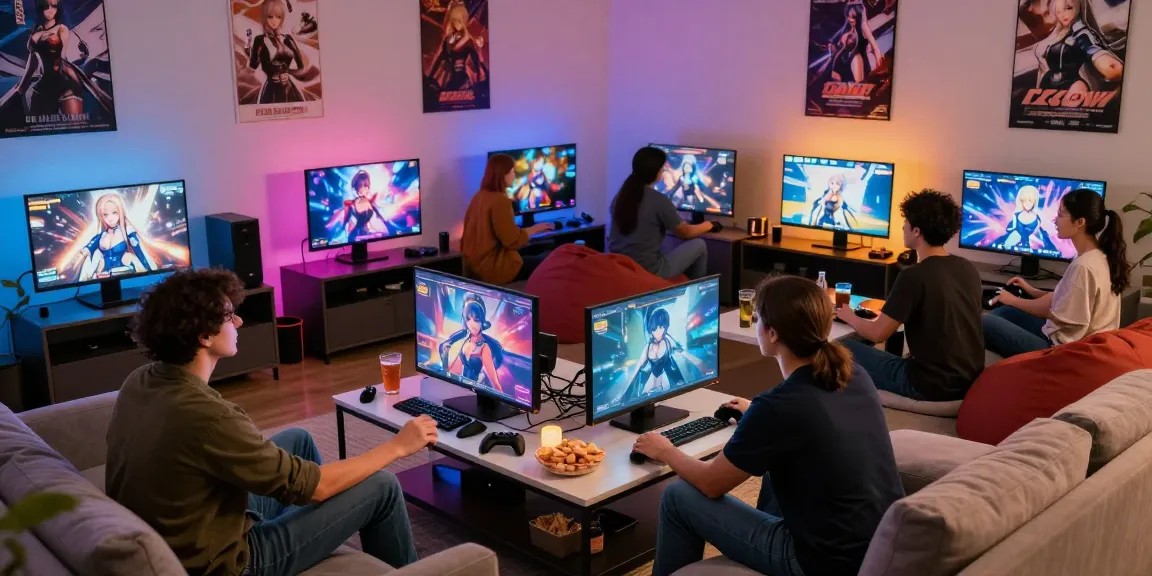 Engaged group playing a hentai game in a cozy gaming lounge with snacks and colorful lighting.