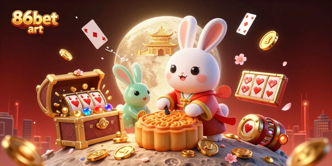 Engage in thrilling gaming at 86bet art with vibrant slot reels and the moon rabbit's magical scene.
