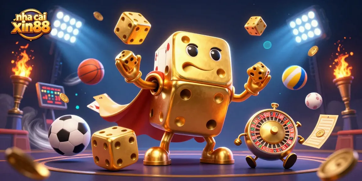 Experience top-notch gaming at nha cai xin88 with vibrant 3D illustration of casino elements and dynamic characters.
