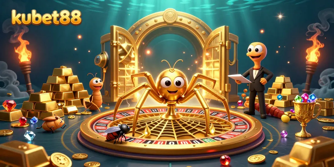 Experience the thrill of kubet88 with a vibrant casino scene featuring a spider and centipede croupier.