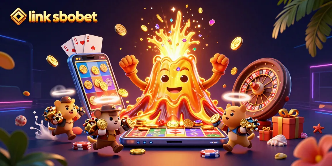 Win big with link sbobet: A lively casino scene featuring a golden volcano and treasure-hunting animals.