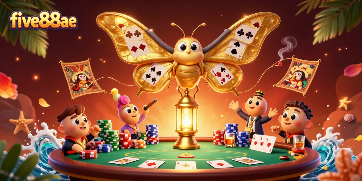 Experience the excitement of five88ae with poker and casino magic in a vibrant illustration.