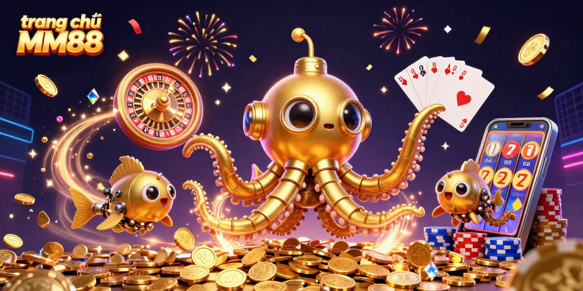 Spin and win at trang chủ MM88 with a vibrant illustration of golden kraken and casino elements.