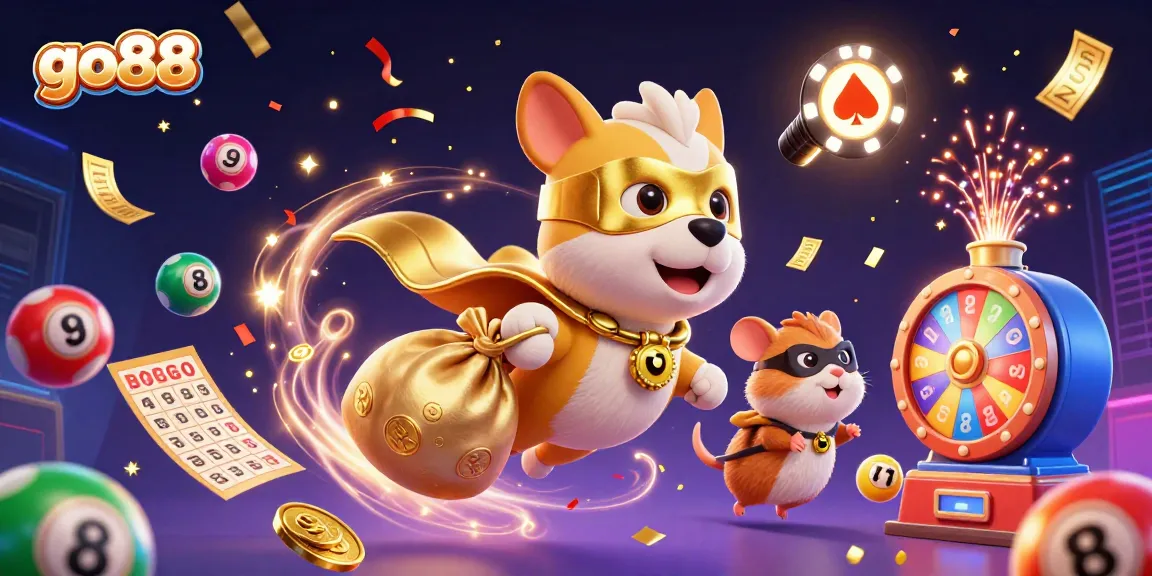 Experience the excitement of go88 with a dynamic casino-themed celebration featuring a superhero dog and vibrant game elements.
