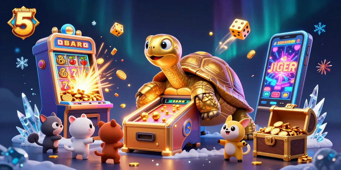 Engage with keo nha cai 5 alongside cartoon tortoise and dynamic jackpot scene in a colorful casino setting.