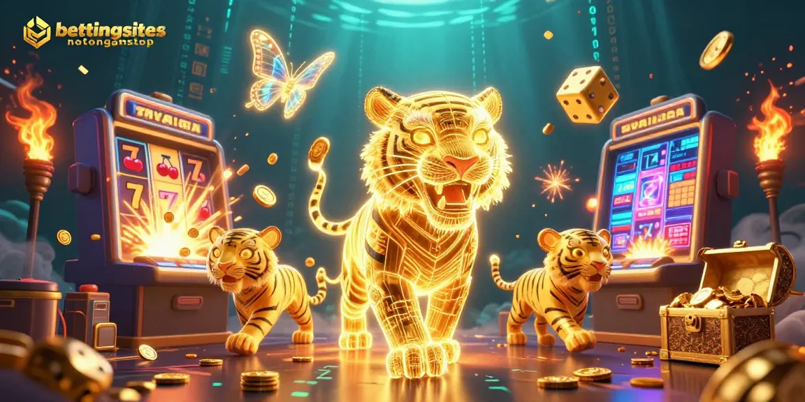 Bet on bettingsitesnotongamstop as a golden tiger navigates a vibrant digital casino landscape.