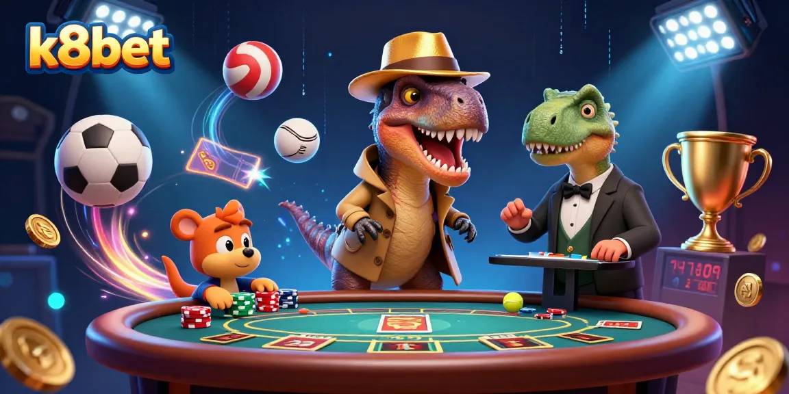 K8bet features a cartoon velociraptor card counter at a blackjack table, under suspicious watch.