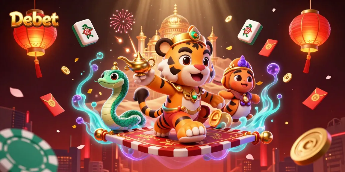 Place bets and win prizes with Debet in a vibrant casino-themed scene.