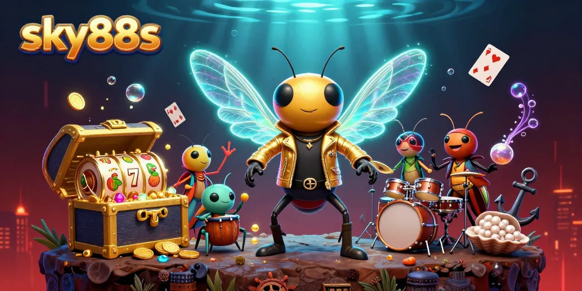 Immerse in sky88s casino excitement with vibrant 3D scene of rock star characters and dazzling gaming elements.