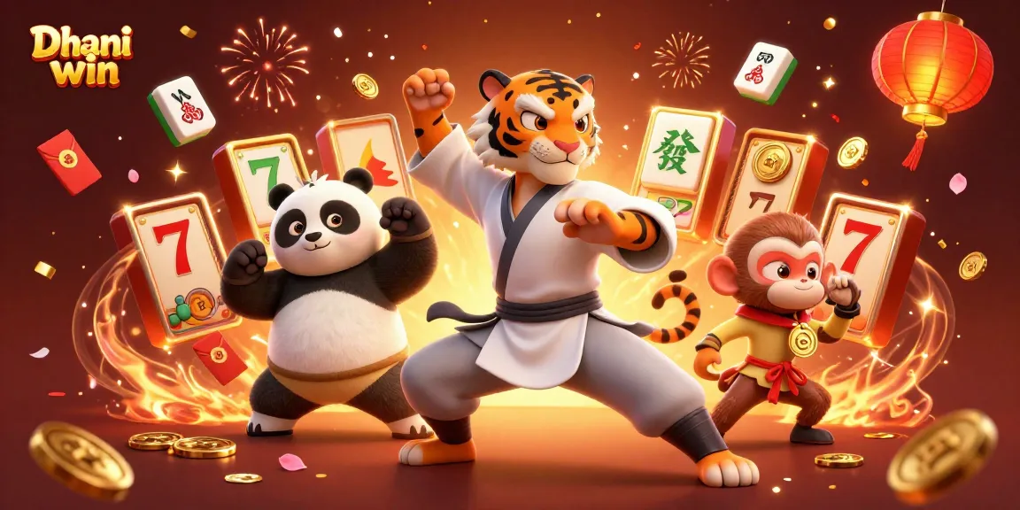 Dhani win captures the excitement of gaming with kung fu characters and slot reels in a vibrant scene.