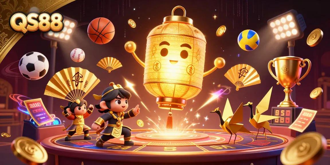 Immerse in QS88's vibrant casino ambiance filled with lucky symbols and dynamic sports betting elements.