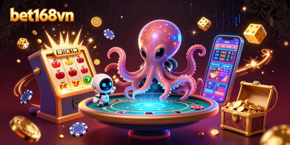 Experience thrilling gameplay at bet168vn with an alien octopus at a holographic poker table, flying chips, and jackpot excitement!