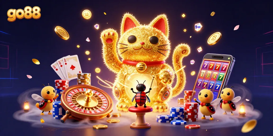 Engage with go88's dynamic gaming experience featuring a lucky cat amidst vivid casino elements.