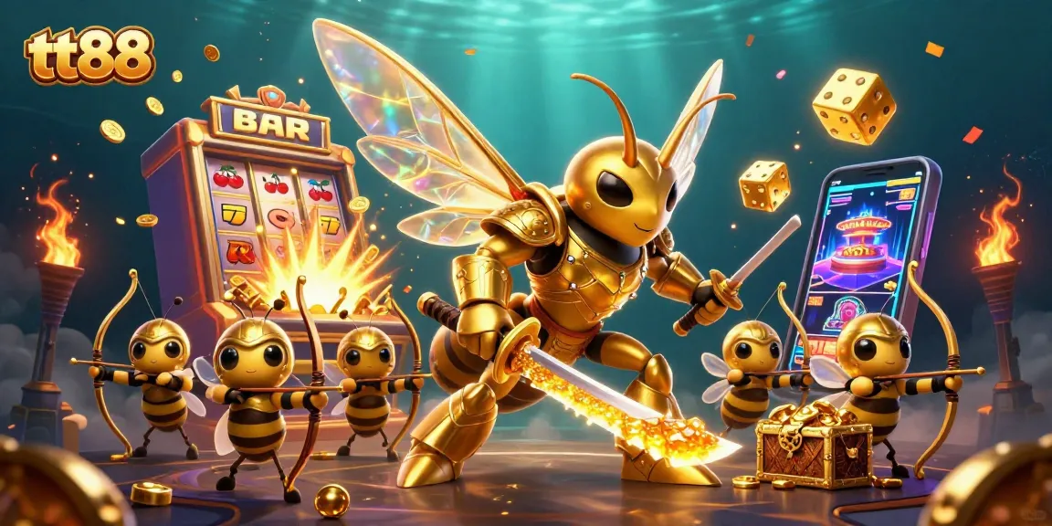 Experience excitement at tt88 with a dynamic casino-themed scene featuring a giant golden hornet warrior.