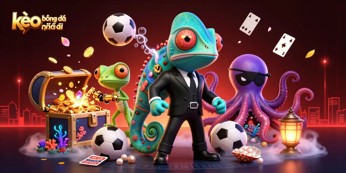Engage in exciting betting with kèo bóng đá nhà cái featuring vibrant chameleon characters, golden sports elements, and rich scene details.