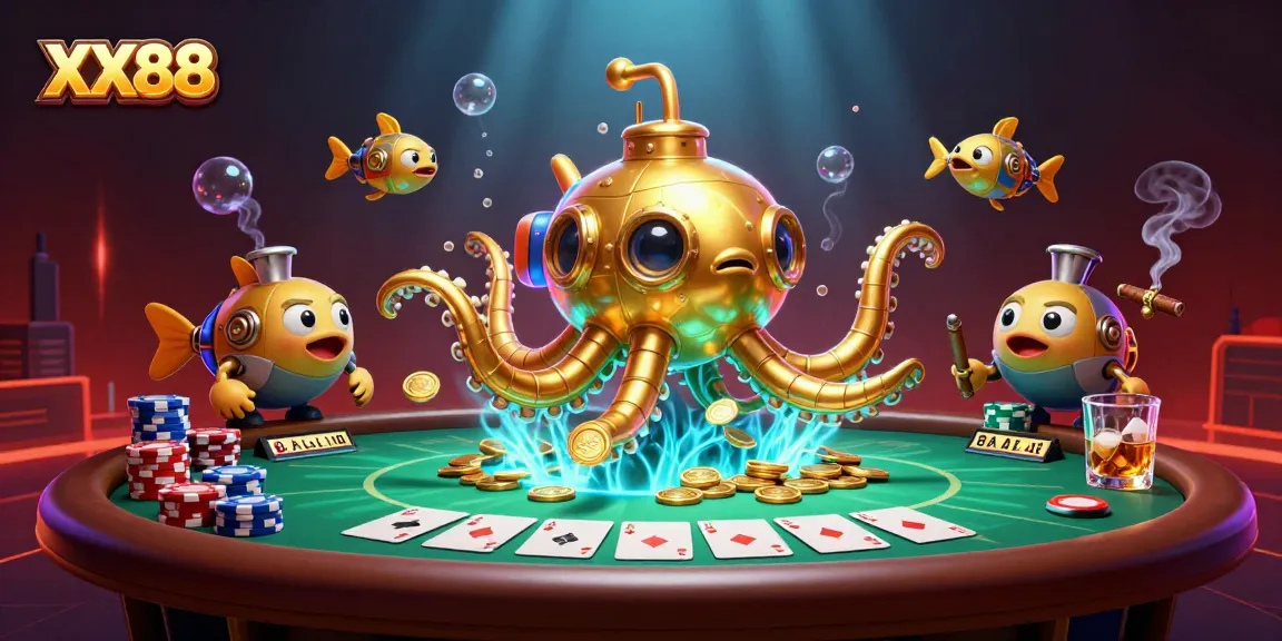 Experience thrilling gameplay at XX88 with a golden kraken submarine and poker action.