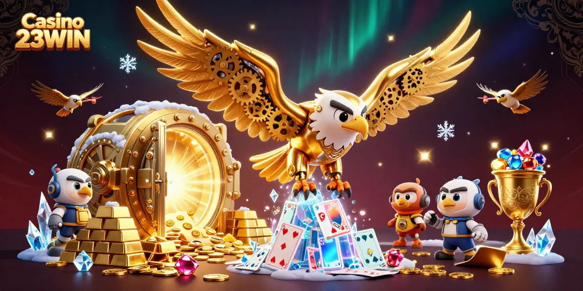 Engage in the electrifying world of Casino 23WIN with a 3D golden eagle soaring through holographic cards and treasure.