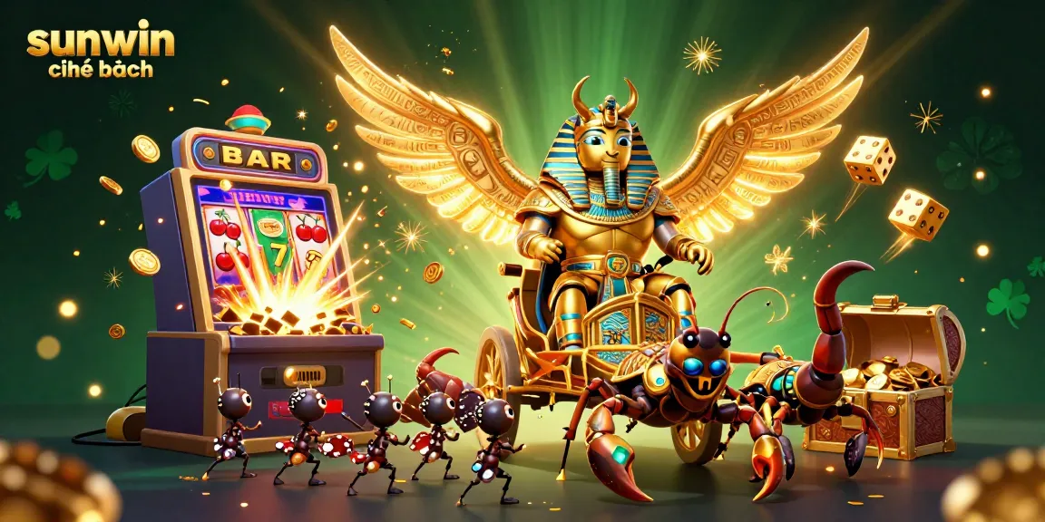Experience excitement at sunwin chính hãng with a colorful and dynamic casino illustration featuring a golden scarab and slot machines.
