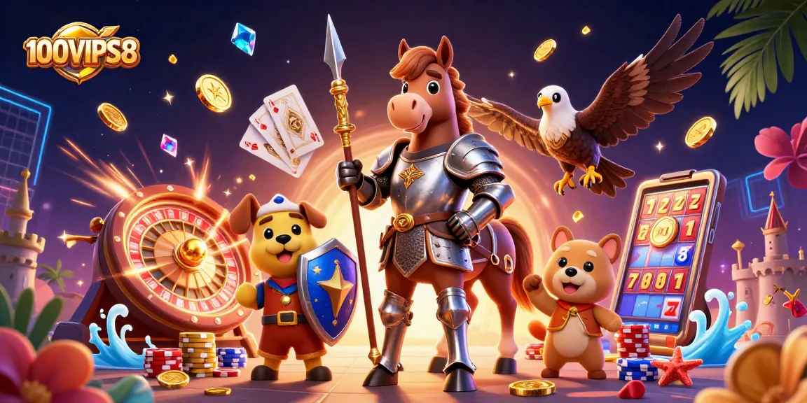 Experience the thrill at 100VIPS8 with a knight, squire, and falcon in a vibrant casino scene.