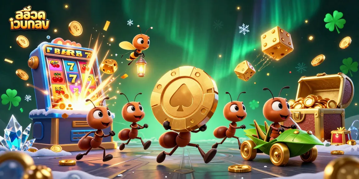Engaging scene of a team of ants executing a heist with สล็อตเว็บตรง elements, showcasing vibrant casino action.