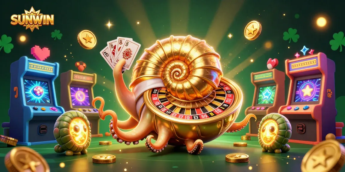 SUNWIN showcases an ancient nautilus, blending a roulette wheel and vibrant casino elements, captivating players.