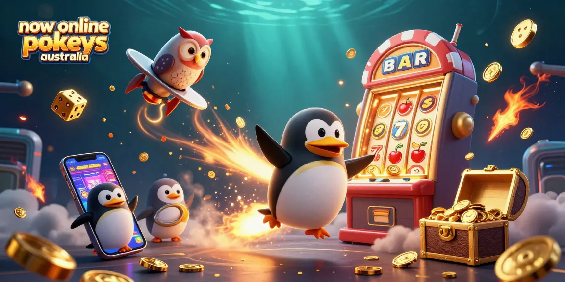 Experience excitement with new online pokies Australia, featuring a golden penguin and jackpot symbols in a vibrant casino scene.