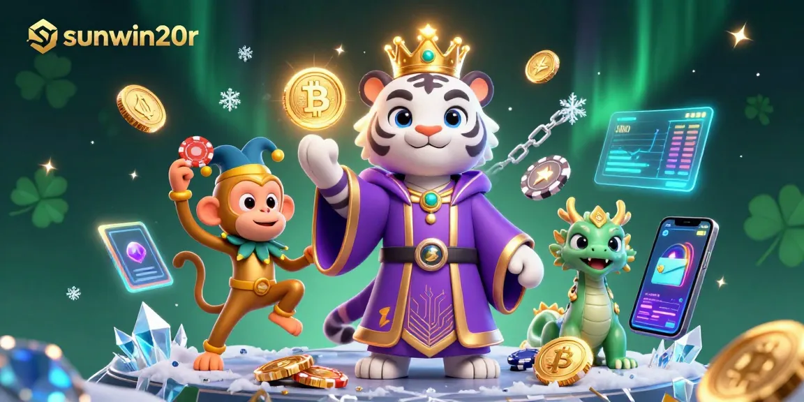 Engage with sunwin20r where the playful monkey juggles chips beside an elegant tiger amidst vibrant casino elements.