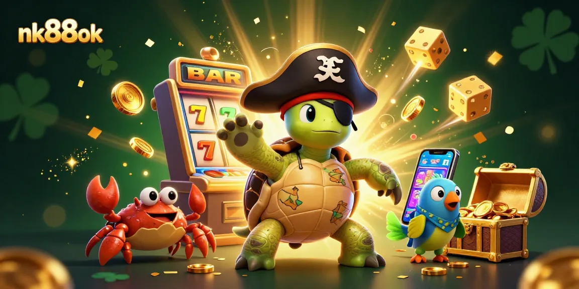 Engage in vibrant casino excitement with nk88ok as a pirate turtle and friends celebrate a jackpot!